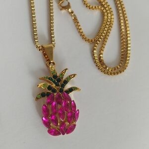 Fuschia Pink Crystal Pineapple Pendant and Chain Necklace Gold Plated Steel New